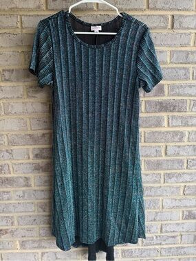 LuLaRoe Teal Metallic Glitter Sparkle Ribbed Short Sleeve Shift Dress S